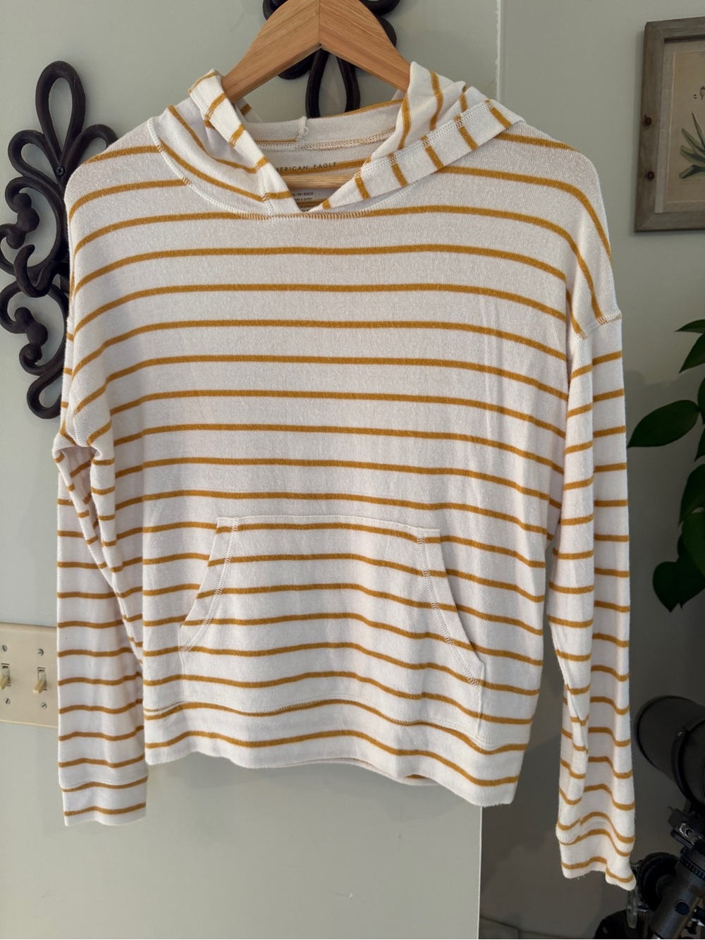 American Eagle Outfitters White & Mustard Striped Hooded Pullover